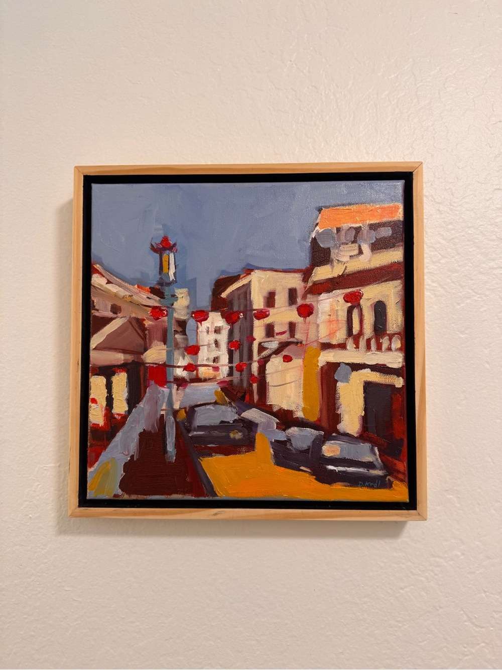 Chinatown. Original Oil Painting Modern Cityscape Painting with Red Accents